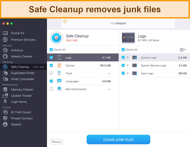 Image of MacKeeper's Safe Cleanup identifying junk files for clearing