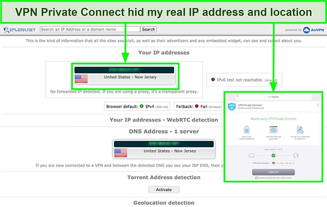 Image of MacKeeper's VPN successfully hiding IP address during a test