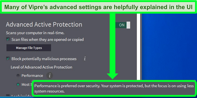 Screenshot of Vipre's user interface showing an explanation of advanced settings