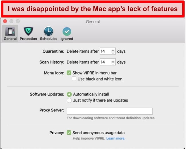 Screenshot of Vipre Advanced Security's macOS interface