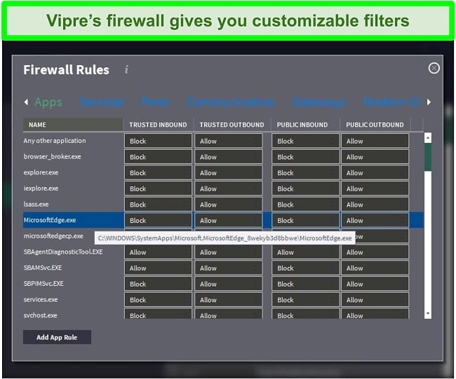 Screenshot of Vipre's Firewall Rules menu