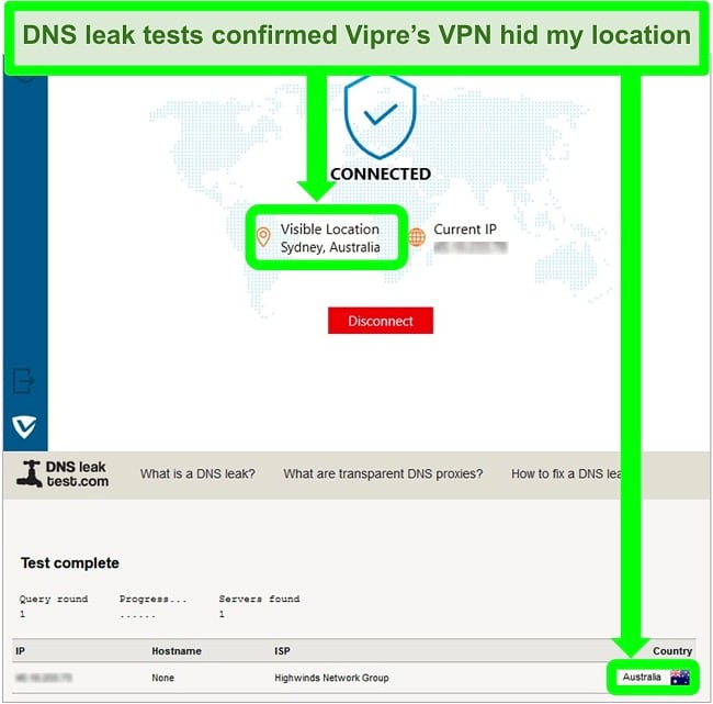 Screenshot of Vipre Internet Shield VPN connecting to a server in Australia
