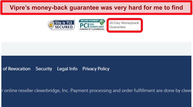 Screenshot of fine print at the bottom of Vipre's shopping cart mentioning a money-back guarantee