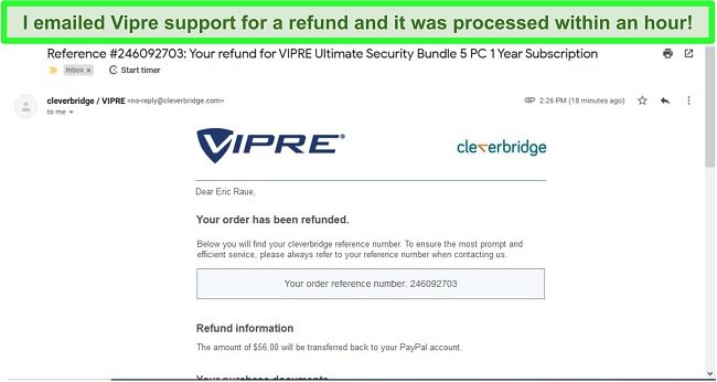 Screenshot of a refund notice sent via email from Vipre support