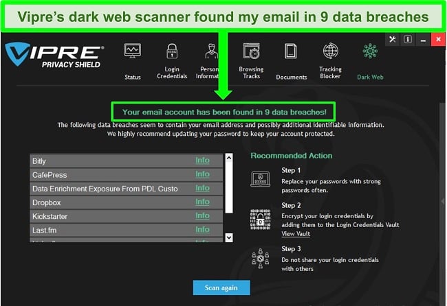 Screenshot of Vipre Privacy Shield's dark web scanner