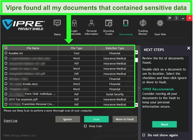 Screenshot of Vipre Privacy Shield's sensitive document scanner