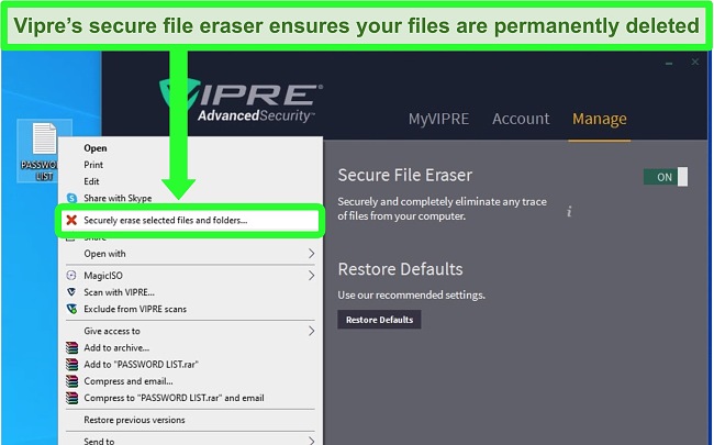 Screenshot of Vipre's secure file eraser tool