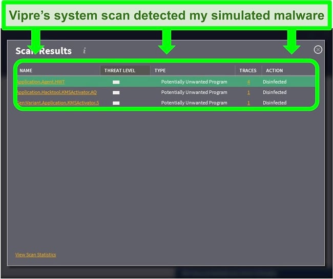 Screenshot of the Vipre interface after a successful virus scan