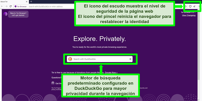 Captura de pantalla de la página de inicio del navegador Tor con iconos y funciones del motor de búsqueda resaltadas