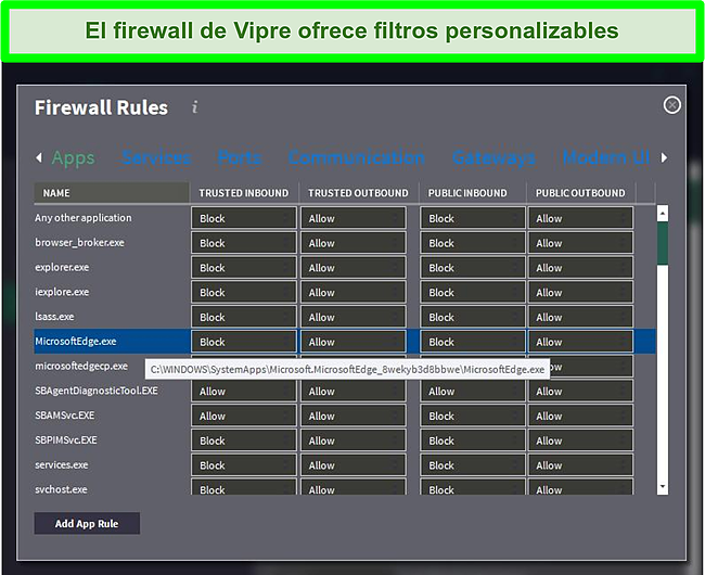Captura de pantalla del menú de reglas de firewall de Vipre