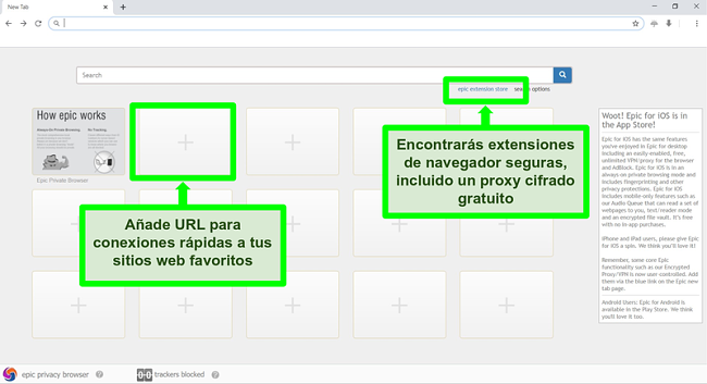 Captura de pantalla de la página de inicio de Epic Privacy Browser con funciones resaltadas