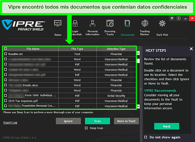 Captura de pantalla del escáner de documentos sensibles de Vipre Privacy Shield