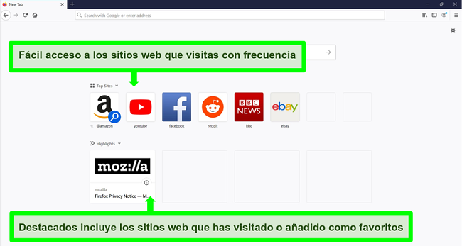 Captura de pantalla de la página de inicio de Firefox con características resaltadas