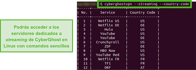 Captura de pantalla de los servidores de transmisión dedicados de CyberGhost en Linux.