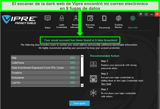Captura de pantalla del escáner web oscuro de Vipre Privacy Shield