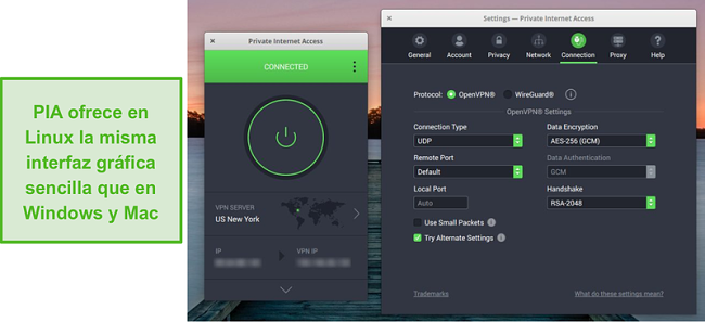 Captura de pantalla de la interfaz gráfica de usuario de PIA en Linux.