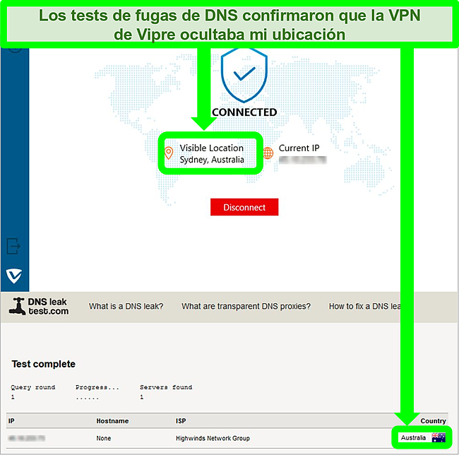 Captura de pantalla de Vipre Internet Shield VPN que se conecta a un servidor en Australia