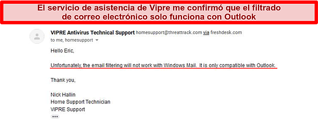 Captura de pantalla de un intercambio de correo electrónico con el soporte de Vipre