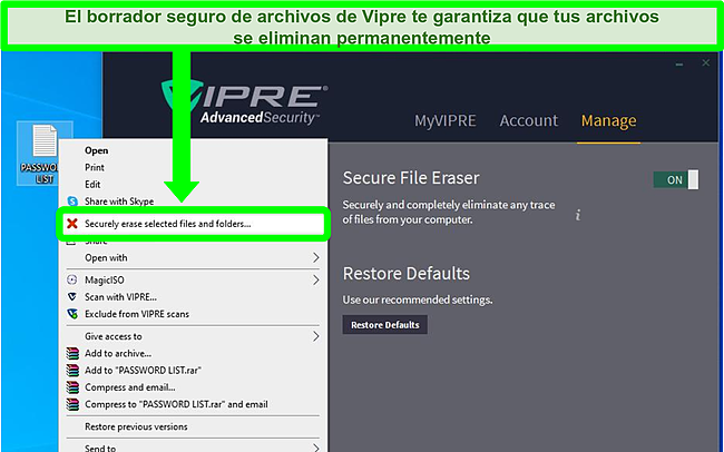Captura de pantalla de la herramienta de borrado seguro de archivos de Vipre