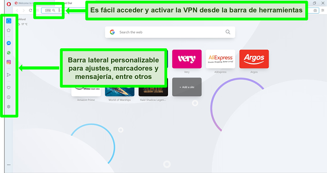 Captura de pantalla de la página de inicio de Opera con VPN y barra lateral resaltadas