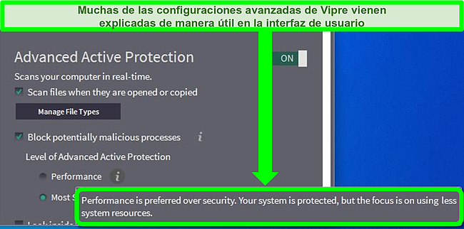 Captura de pantalla de la interfaz de usuario de Vipre que muestra una explicación de la configuración avanzada