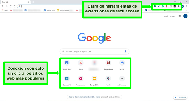 Captura de pantalla de la página de inicio de Google Chrome con algunas funciones destacadas