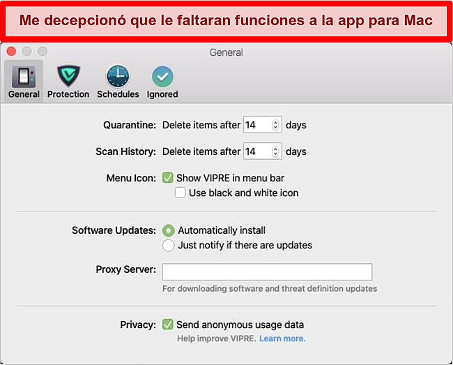 Captura de pantalla de la interfaz macOS de Vipre Advanced Security