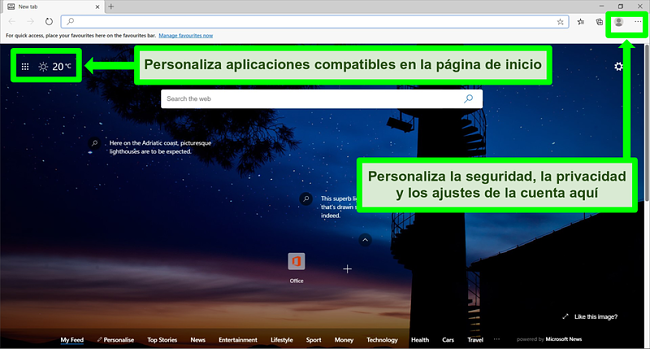 Captura de pantalla de la página de inicio de Microsoft Edge con algunas características resaltadas