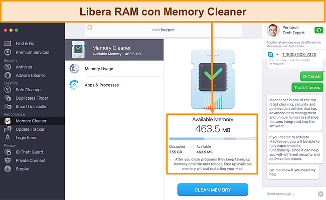 Imagen de la interfaz Memory Cleaner de MacKeeper que identifica el uso de RAM