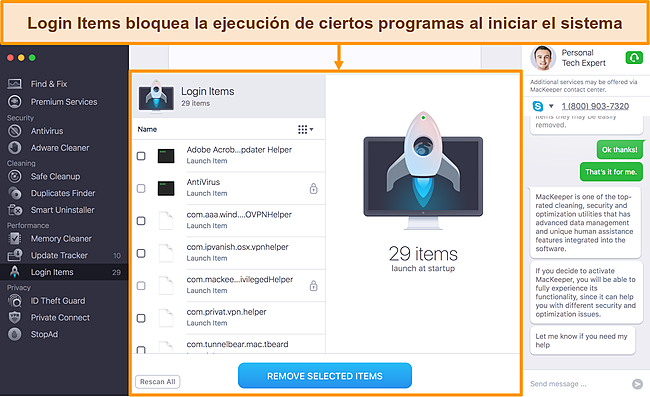 Imagen de los elementos de inicio de sesión de Mackeeper que muestran los programas que se deben eliminar durante el inicio