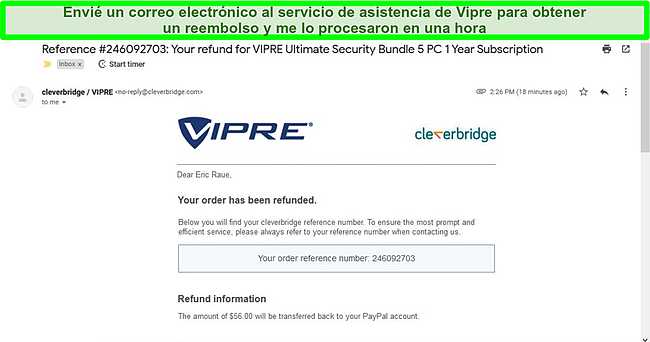 Captura de pantalla de un aviso de reembolso enviado por correo electrónico desde el soporte de Vipre