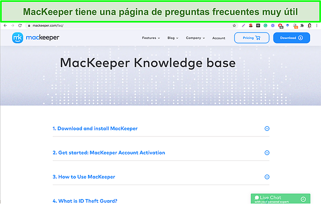 Imagen de la base de conocimientos en línea de MacKeeper que brinda respuestas útiles a preguntas comunes
