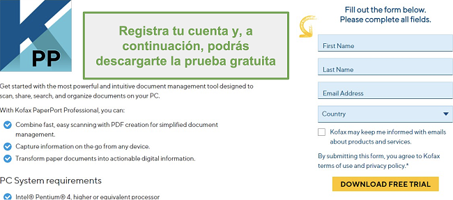 Captura de pantalla del formulario de registro para descargar la prueba gratuita
