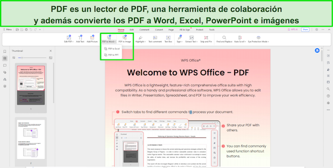 Captura de pantalla de las herramientas de lectura de PDF de WPS Office
