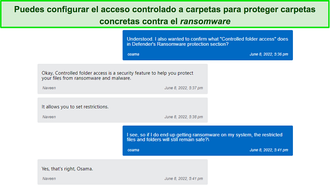 Soporte de chat en vivo de Microsoft Defender que explica cómo funciona su protección contra ransomware