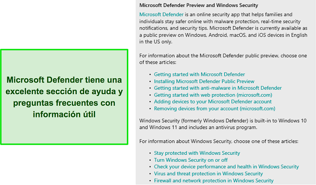 Sección de ayuda y preguntas frecuentes de Microsoft Defender con mucha información útil