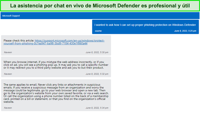 Conversación con el soporte de chat en vivo de Microsoft Defender