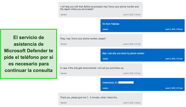 Soporte de Microsoft Defender pidiendo mi número de teléfono en caso de que quieran hacer un seguimiento