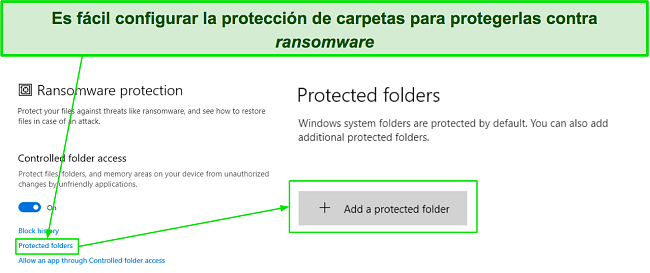 Configuración de carpetas protegidas en el menú de protección contra ransomware de Microsoft Defender
