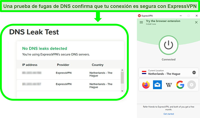 Captura de pantalla de una prueba de fugas de DNS mientras ExpressVPN está conectado a un servidor en los Países Bajos