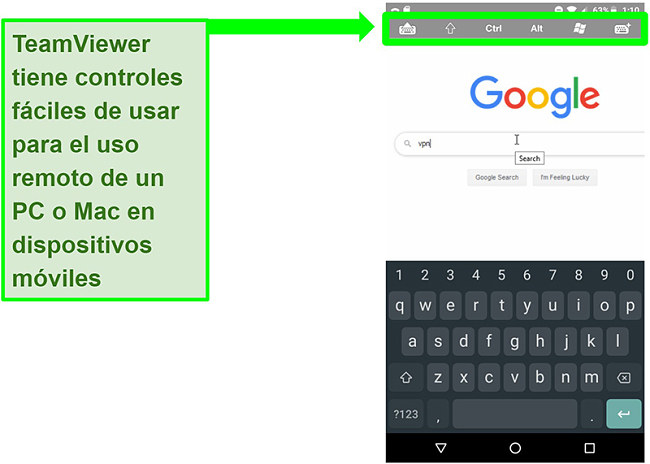 Captura de pantalla de los controles del dispositivo móvil de TeamViewer navegando de forma remota por la web en una PC