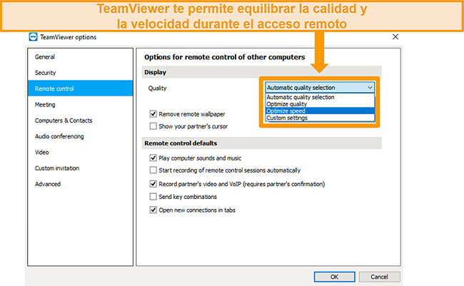 Captura de pantalla de las opciones de acceso remoto de TeamViewer y 