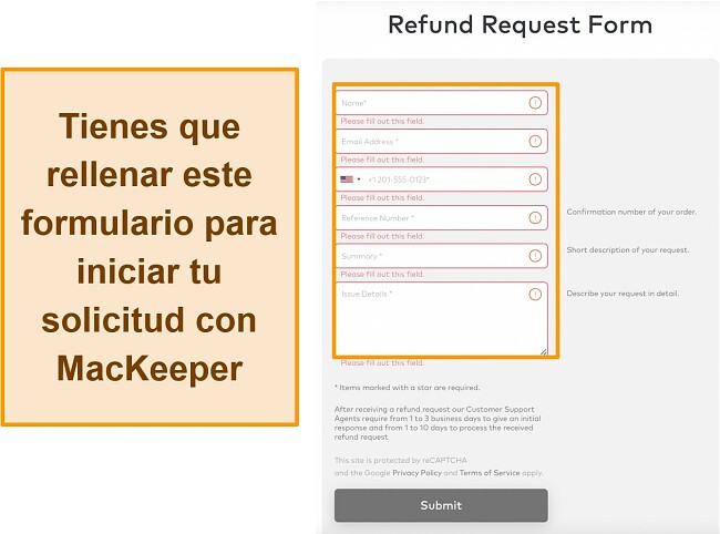 Captura de pantalla del formulario de solicitud de reembolso de MacKeeper cuando se utiliza la garantía de devolución de dinero