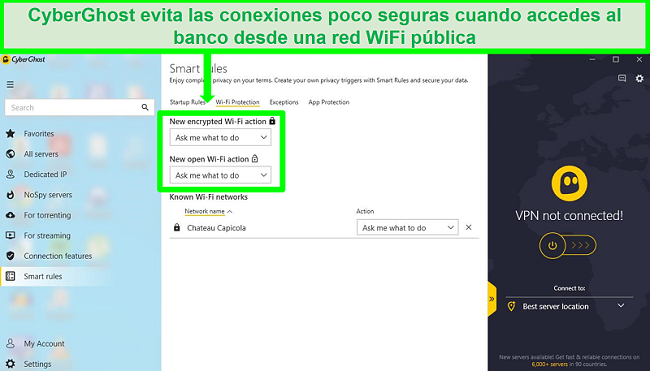 Captura de pantalla de la página de configuración de Reglas inteligentes de conexión de CyberGhost