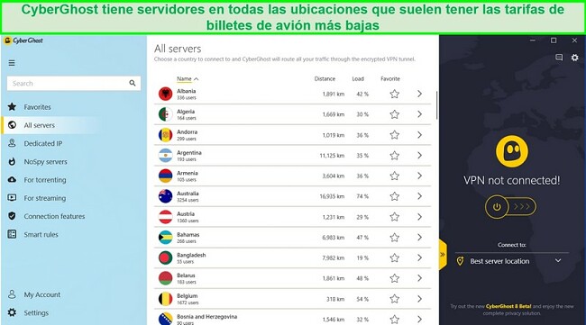 Captura de pantalla de la lista de servidores disponibles de CyberGhost