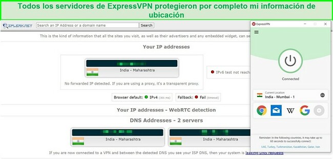  Captura de pantalla de una prueba de fugas de IP y DNS en el servidor ExpressVPN en India