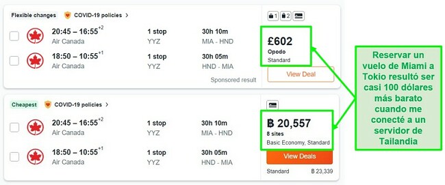 Comparación de precios de la ruta Miami-Tokio utilizando servidores en el Reino Unido y Tailandia