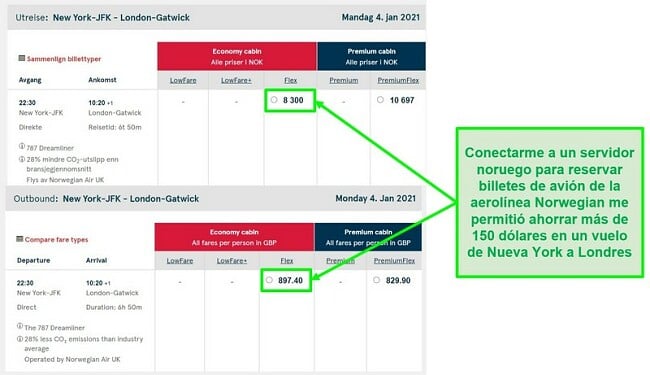 Price comparison of New York-London flights showing differences while connected to servers in Norway and the UK