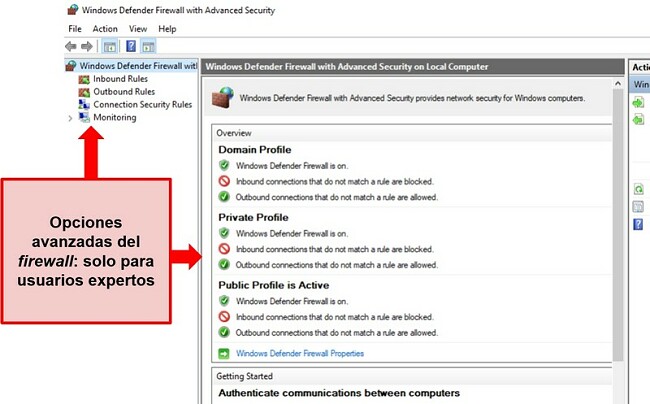 Captura de pantalla de la configuración de seguridad del Firewall de Windows Defender