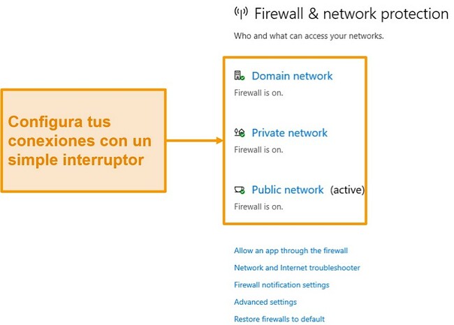 Captura de pantalla de la configuración del firewall de Microsoft Defender